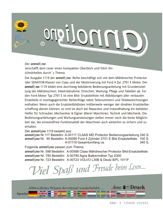 Claas Mähdrescher Protector (der SENATOR-Klasse) & Ford 4 Zyl. 2701 E Bild- Bedienungsanleitung & Bild-Ersatzteilliste & Explosionszeichnungen - annoligno 1119